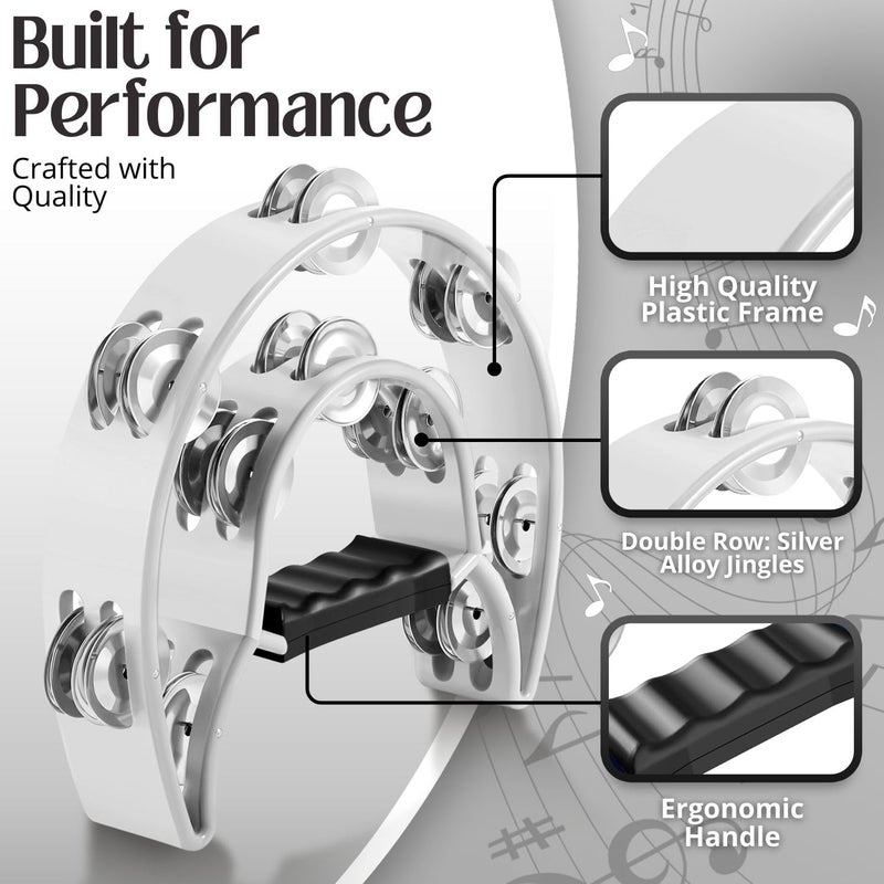Flexzion Half Moon Musical Tambourine (2 Pack, White) with Ergonomic Handle Grip - Image 3