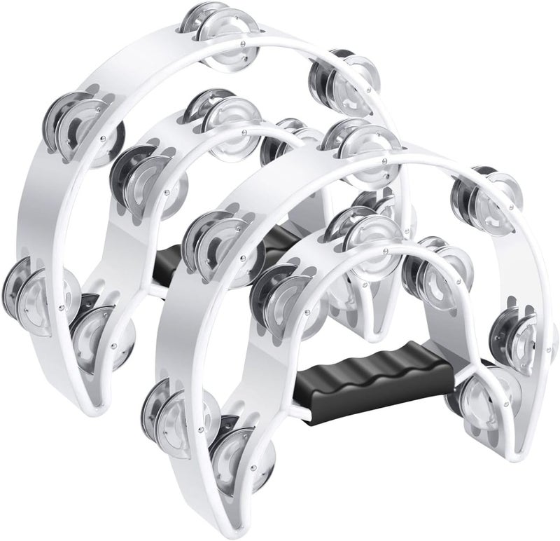 Flexzion Half Moon Musical Tambourine (2 Pack, White) with Ergonomic Handle Grip - Image 1