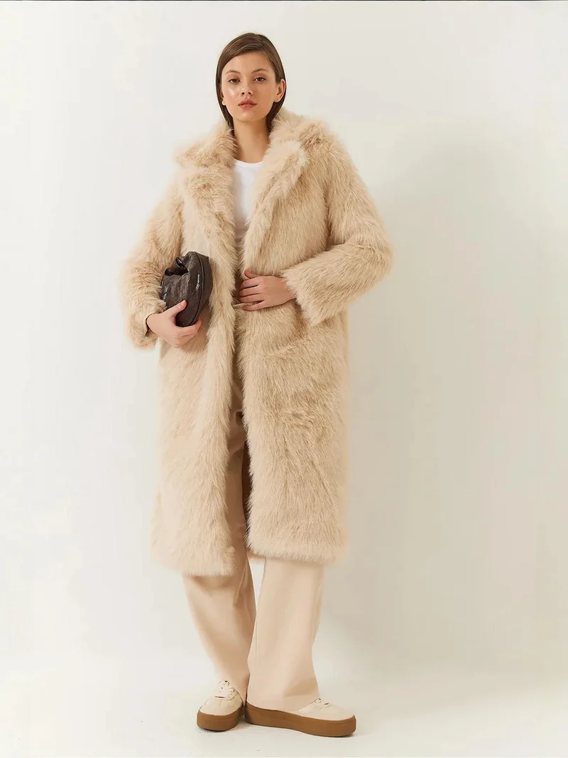 Bianco Lucci Dusty White Long Faux Fur Coat with Shawl Collar for Women | Best Price UAE