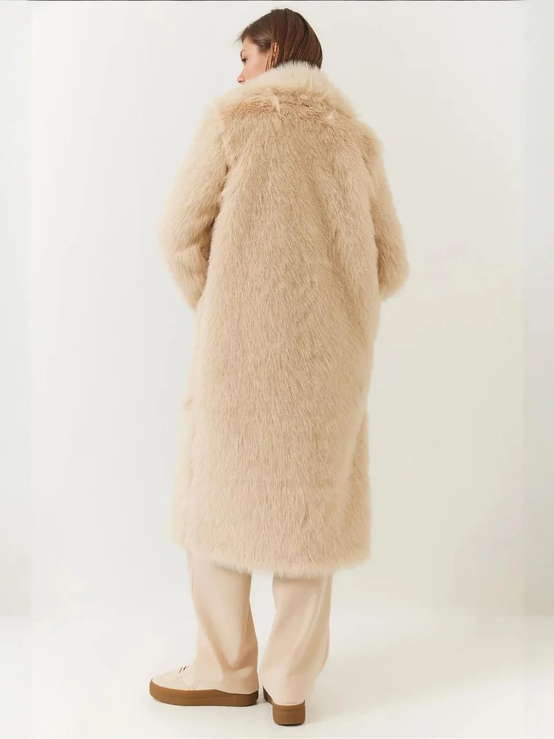 Bianco Lucci Dusty White Long Faux Fur Coat with Shawl Collar for Women | Best Price UAE