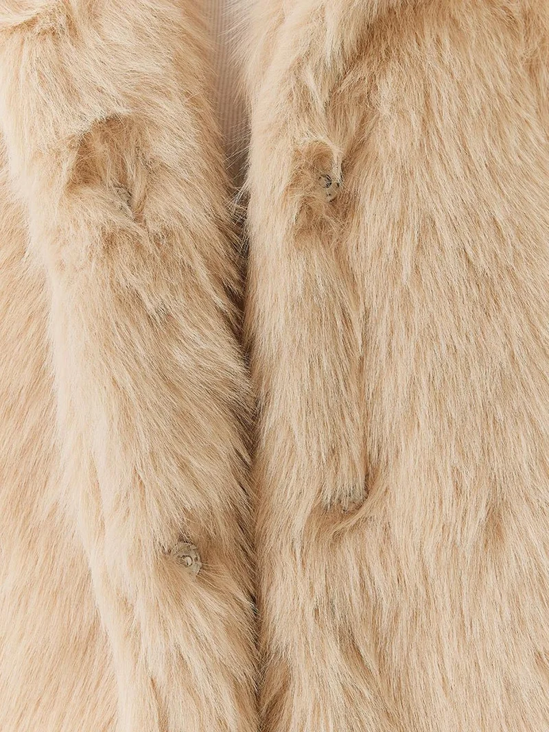 Bianco Lucci Dusty White Long Faux Fur Coat with Shawl Collar for Women | Best Price UAE