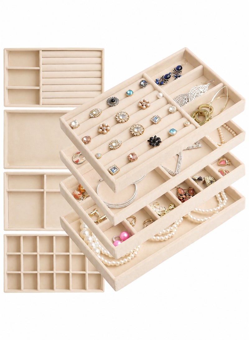 BOFAN 4PCS Stackable Jewelry Organizer Trays for Drawers, Jewelry Drawer Inserts Container Display Case Storage for Earring Necklace Rings Bracelet with Removable Dividers(Beige) - Image 1