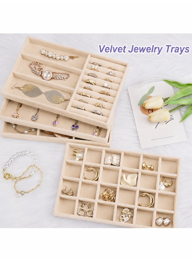 BOFAN 4PCS Stackable Jewelry Organizer Trays for Drawers, Jewelry Drawer Inserts Container Display Case Storage for Earring Necklace Rings Bracelet with Removable Dividers(Beige) - Image 3