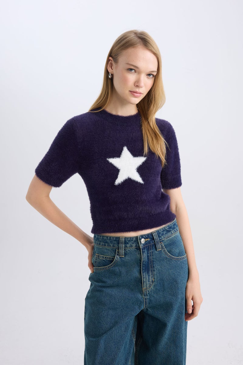 DeFacto Woman Fitted Crew Neck Star Printed Plush Pullover - Image 4