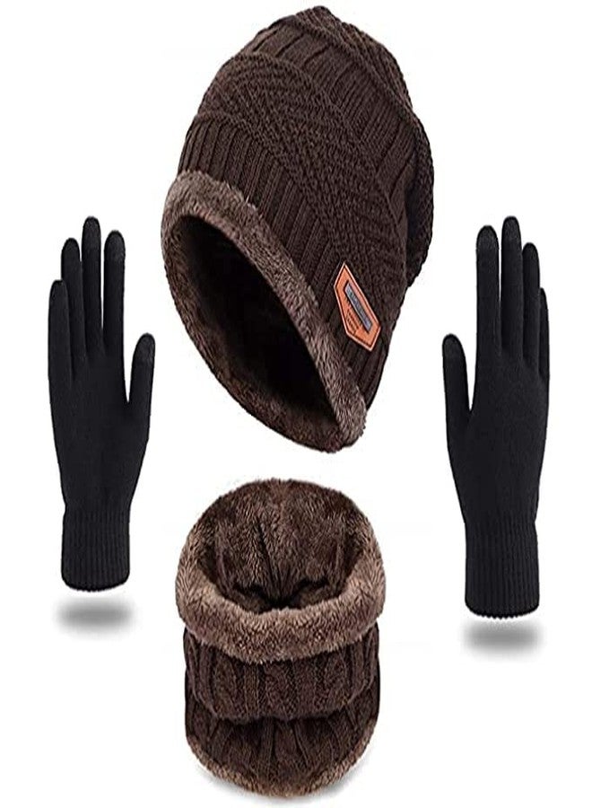 Creature Winter Knit Beanie Cap Hat Neck Warmer Scarf and Touchscreen Woolen Gloves Set for Men & Women (3 Piece) (BROWN) - Image 1