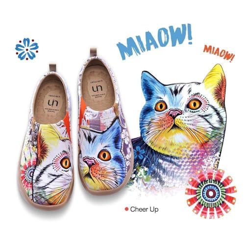 UIN Women's Lightweight Sneakers Comfortable Canvas Slip On Flat Art Painted Cat Travel Shoes Cheer Up (7.5) - Image 2