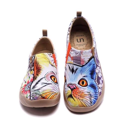 UIN Women's Lightweight Sneakers Comfortable Canvas Slip On Flat Art Painted Cat Travel Shoes Cheer Up (7.5) - Image 3