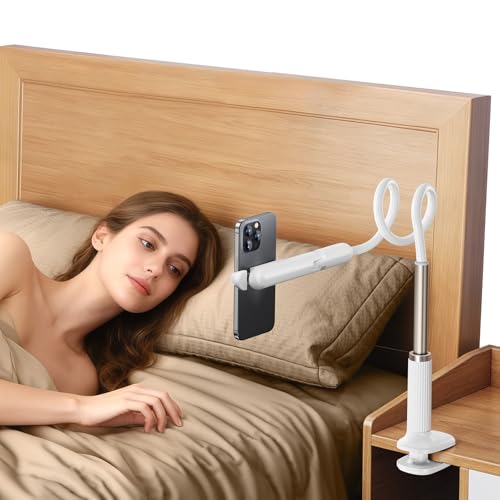 nediea Gooseneck Phone Holder for Bed, Universal Cell Phone Stand with Clamp Mount, 900° Rotation Overhead Phone Mount with Flexible Long Arm for Bedside,Headboard,Desk (43.3 Inches Length) - Image 1