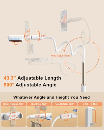 nediea Gooseneck Phone Holder for Bed, Universal Cell Phone Stand with Clamp Mount, 900° Rotation Overhead Phone Mount with Flexible Long Arm for Bedside,Headboard,Desk (43.3 Inches Length) - Image 2