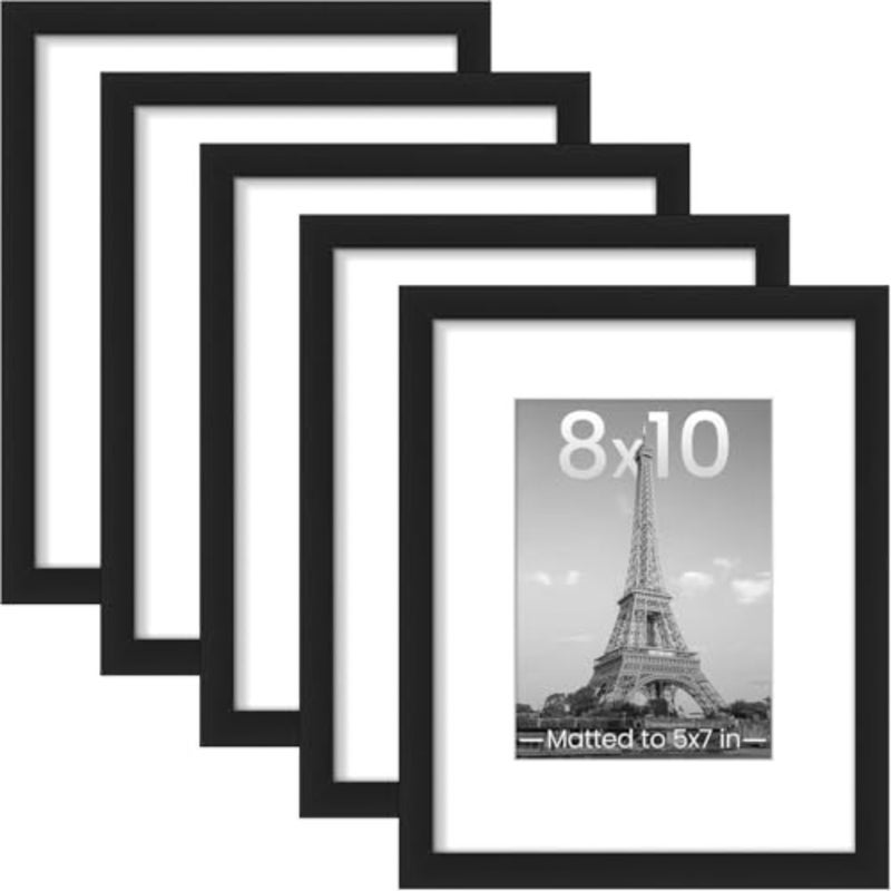 Aputue Picture Frame Set, 10X8inch Black Wood 5 PCS, Photo Frames with Mat for 5x7 Display, Tabletop or Wall Mounted Gallery Decor, Modern Memory Showcase for Home Office and Studio Artworks - Image 1