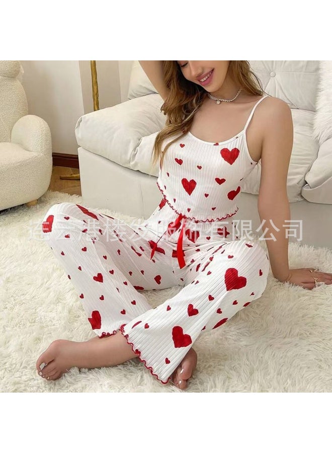 Women's Heart Pattern Striped Cami Sleepwear Set - Trendy Loungewear with Long Pants