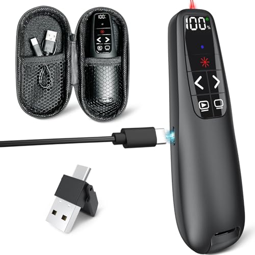 UBUYONE Rechargeable Presentation Clicker with Case, Power Digital Display Wireless Presenter Remote, USB C Red Light Pointer Computer PowerPoint PPT Clickers for Mac Laptop, Slideshow Google Slide Advancer - Image 1