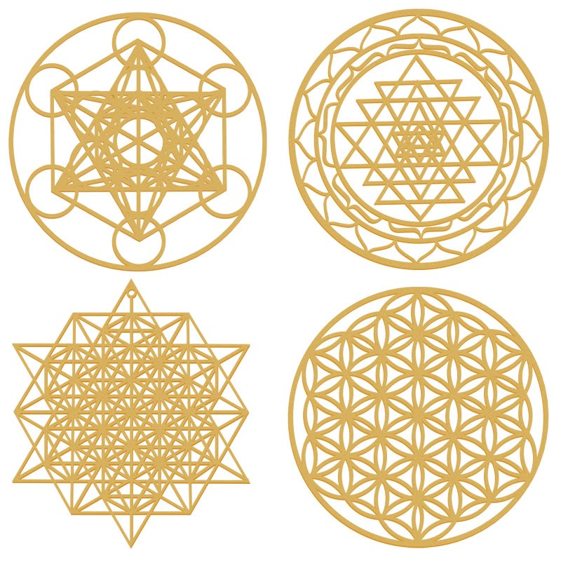 Leinuosen 4 Pcs 12 Inch Crystal Grid Board Sacred Geometric Wall Art Set Metatron Cube, Flower of Life, Sri Yantra, 64 Star Tetrahedron Pagan Decor Home Wall Decor for Room(Gold) - Image 1
