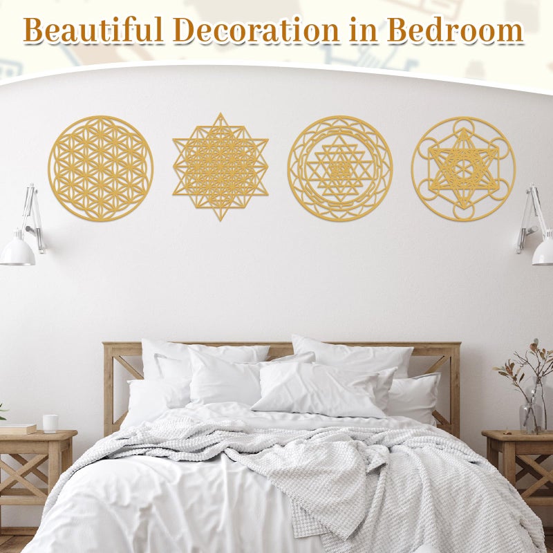 Leinuosen 4 Pcs 12 Inch Crystal Grid Board Sacred Geometric Wall Art Set Metatron Cube, Flower of Life, Sri Yantra, 64 Star Tetrahedron Pagan Decor Home Wall Decor for Room(Gold) - Image 5