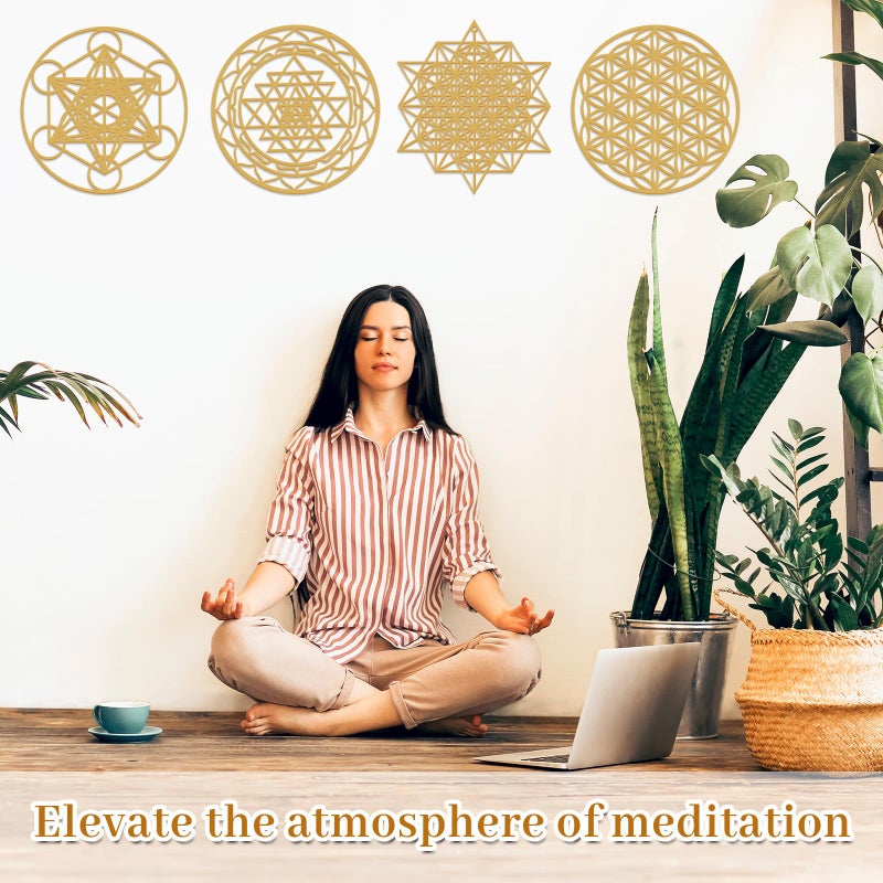 Leinuosen 4 Pcs 12 Inch Crystal Grid Board Sacred Geometric Wall Art Set Metatron Cube, Flower of Life, Sri Yantra, 64 Star Tetrahedron Pagan Decor Home Wall Decor for Room(Gold) - Image 4