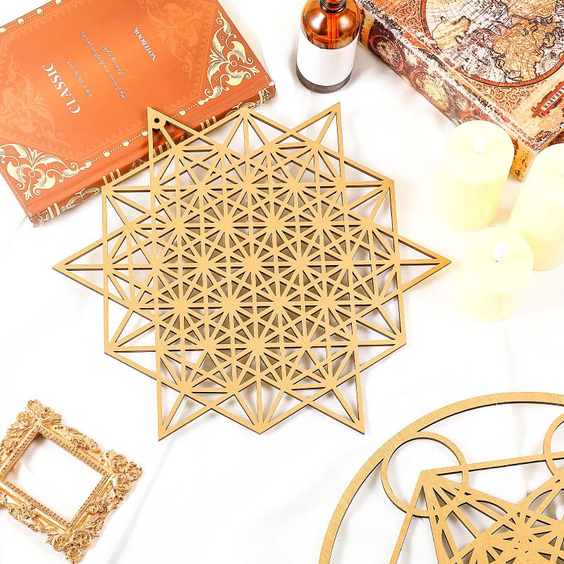 Leinuosen 4 Pcs 12 Inch Crystal Grid Board Sacred Geometric Wall Art Set Metatron Cube, Flower of Life, Sri Yantra, 64 Star Tetrahedron Pagan Decor Home Wall Decor for Room(Gold) - Image 3