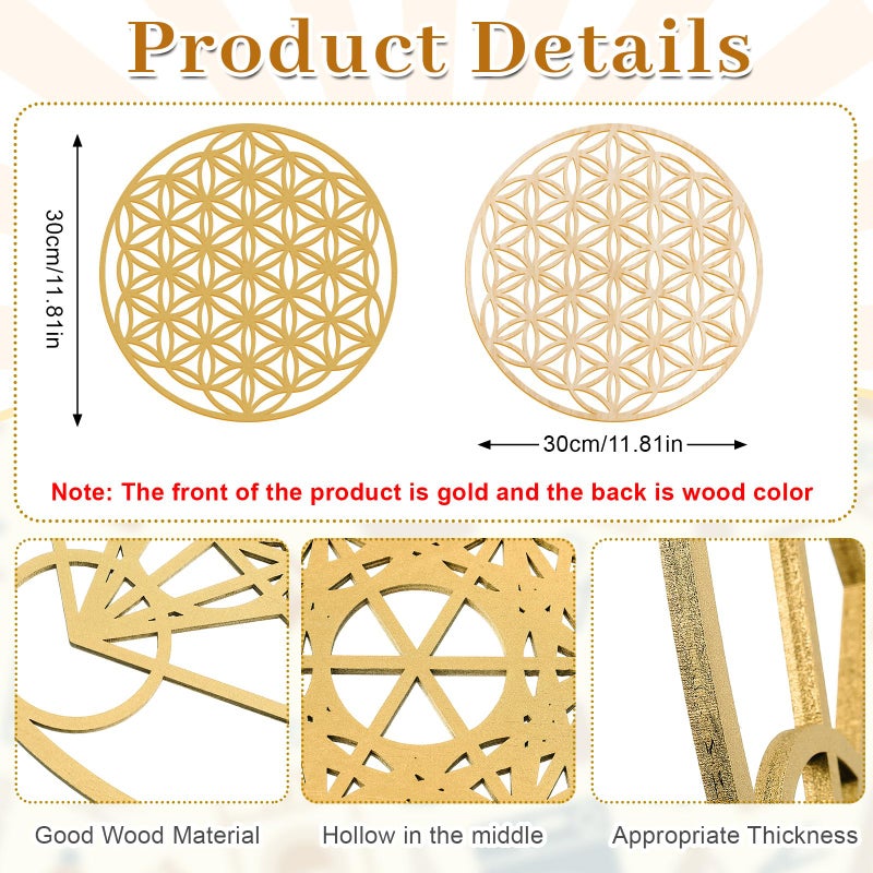 Leinuosen 4 Pcs 12 Inch Crystal Grid Board Sacred Geometric Wall Art Set Metatron Cube, Flower of Life, Sri Yantra, 64 Star Tetrahedron Pagan Decor Home Wall Decor for Room(Gold) - Image 2