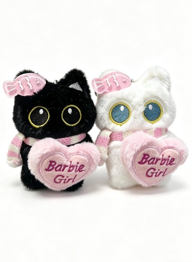 Cute Black White Cat Plush Keychain Set Soft Stuffed Animal Pendant With Heart Decor Barbie Girl Pattern For Bag Backpack Car Key Decoration Gift - Image 3