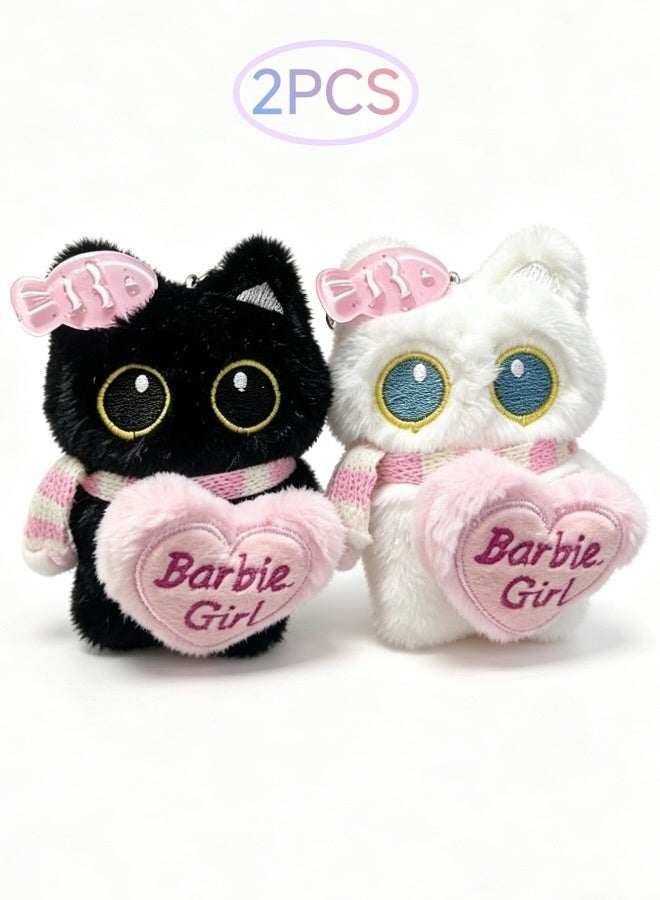 Cute Black White Cat Plush Keychain Set Soft Stuffed Animal Pendant With Heart Decor Barbie Girl Pattern For Bag Backpack Car Key Decoration Gift - Image 1