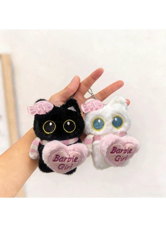 Cute Black White Cat Plush Keychain Set Soft Stuffed Animal Pendant With Heart Decor Barbie Girl Pattern For Bag Backpack Car Key Decoration Gift - Image 2
