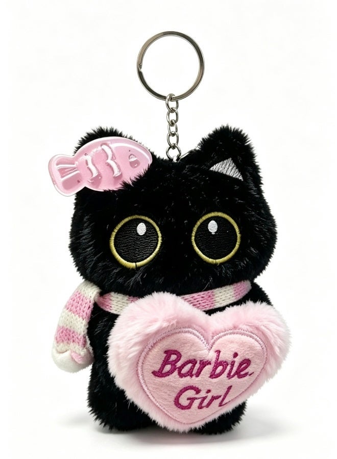Cute Black White Cat Plush Keychain Set Soft Stuffed Animal Pendant With Heart Decor Barbie Girl Pattern For Bag Backpack Car Key Decoration Gift - Image 5