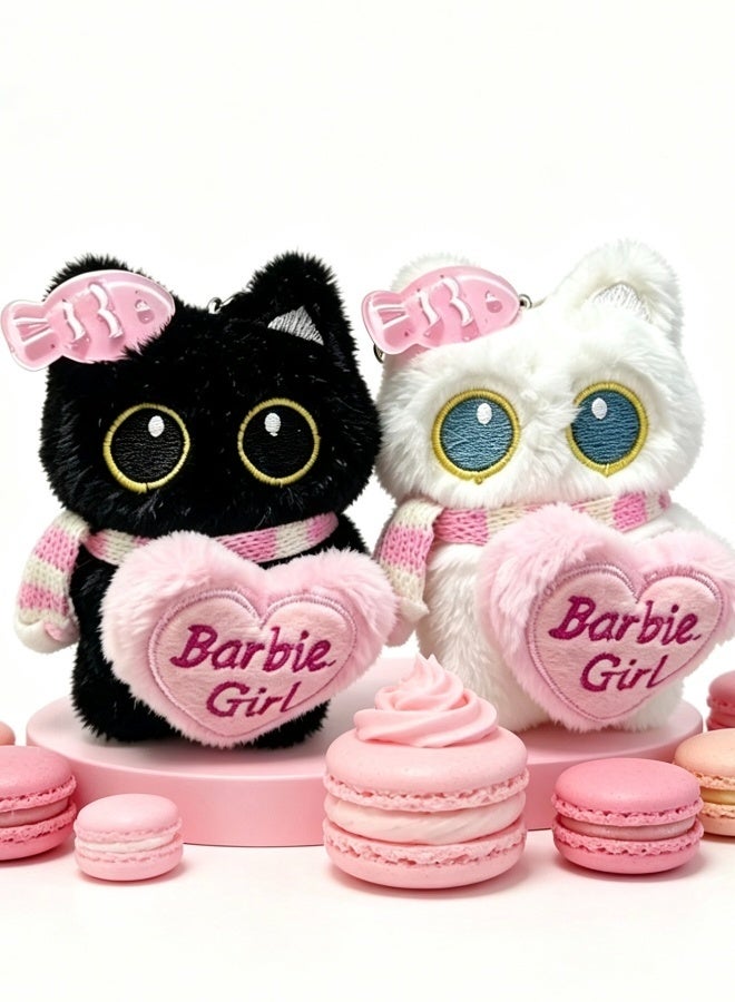 Cute Black White Cat Plush Keychain Set Soft Stuffed Animal Pendant With Heart Decor Barbie Girl Pattern For Bag Backpack Car Key Decoration Gift - Image 4