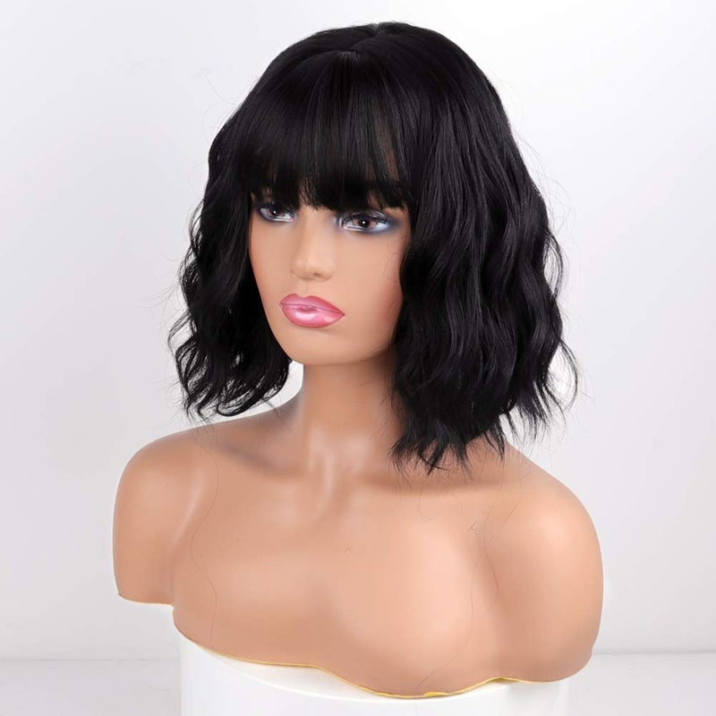 MISSQUEEN Short Wavy Black Wig with Bangs, Short Black Bob Wigs for Women, Wavy Bob Wig with Bangs Synthetic Natural Looking Heat Resistant Fiber Wigs - Image 4