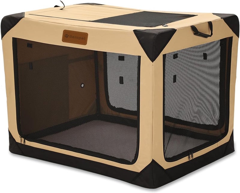 Garnpet 36 Inch Collapsible Soft Dog Crate for Large Dogs, 4-Door Foldable Travel Dog Kennel with Durable Mesh Windows for Indoor & Outdoor Portable Pet Crate, Soft Side Dog Crate, Beige - Image 1