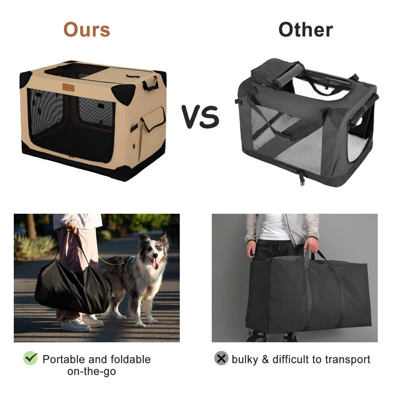Garnpet 36 Inch Collapsible Soft Dog Crate for Large Dogs, 4-Door Foldable Travel Dog Kennel with Durable Mesh Windows for Indoor & Outdoor Portable Pet Crate, Soft Side Dog Crate, Beige - Image 3