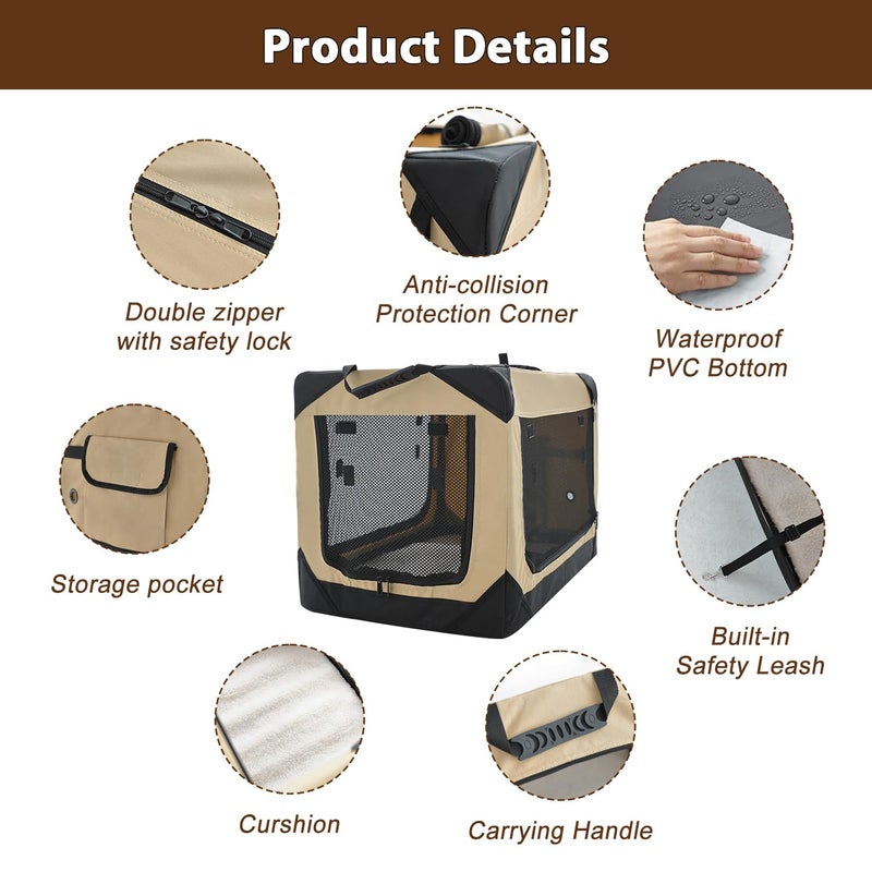 Garnpet 36 Inch Collapsible Soft Dog Crate for Large Dogs, 4-Door Foldable Travel Dog Kennel with Durable Mesh Windows for Indoor & Outdoor Portable Pet Crate, Soft Side Dog Crate, Beige - Image 2