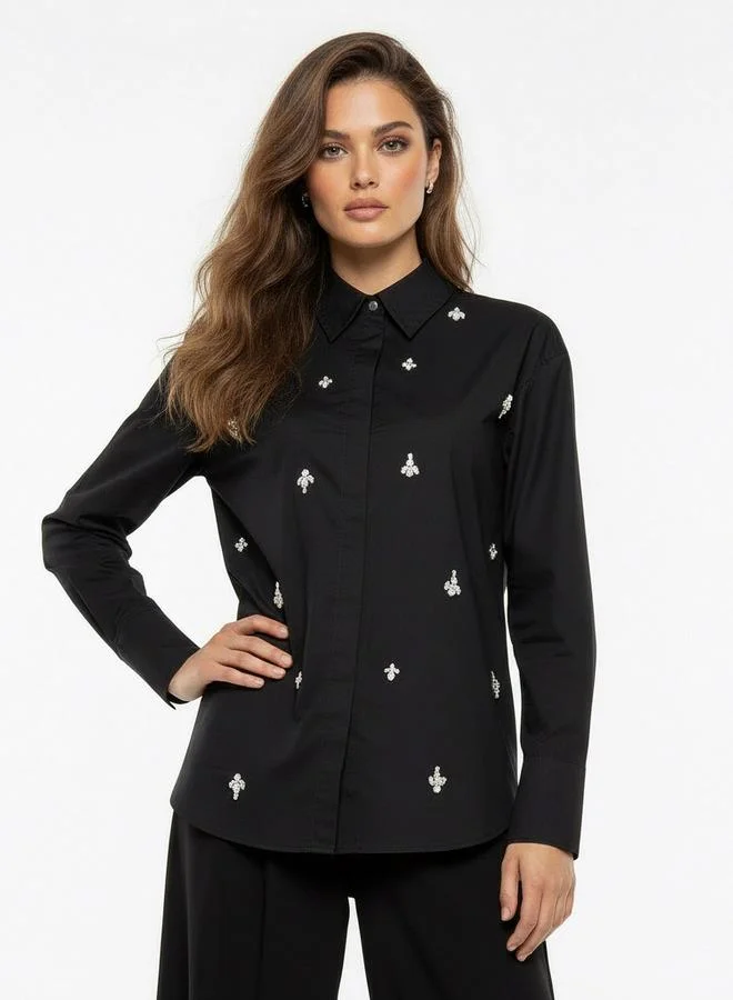Iconic Iconic Relaxed Fit Cotton Shirt with Stone Embellishment