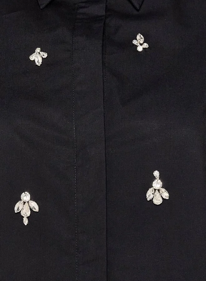 Iconic Iconic Relaxed Fit Cotton Shirt with Stone Embellishment