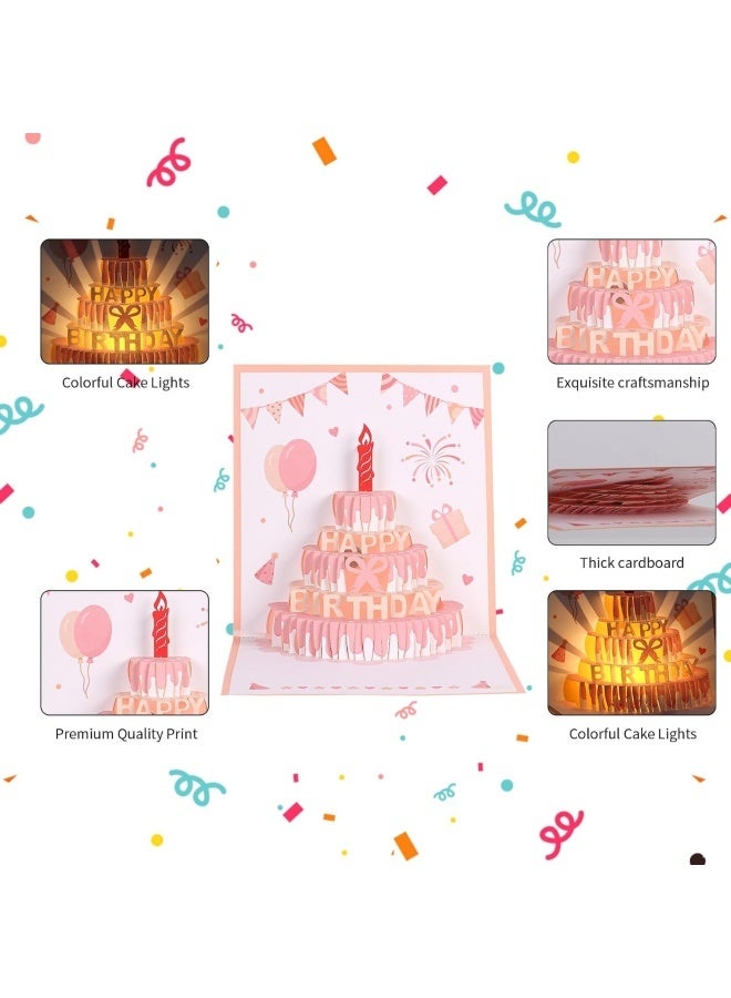 "Musical 3D Pop Up Birthday Cards, Happy Birthday Card With Lights & Blowable Candle, Fireworks Greeting Birthday Card with Envelope for Women Men Husband Birthdays, Special Occasions (Pink) " - Image 2