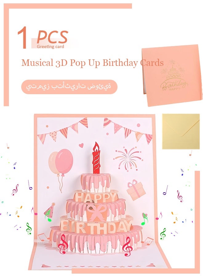 "Musical 3D Pop Up Birthday Cards, Happy Birthday Card With Lights & Blowable Candle, Fireworks Greeting Birthday Card with Envelope for Women Men Husband Birthdays, Special Occasions (Pink) " - Image 1