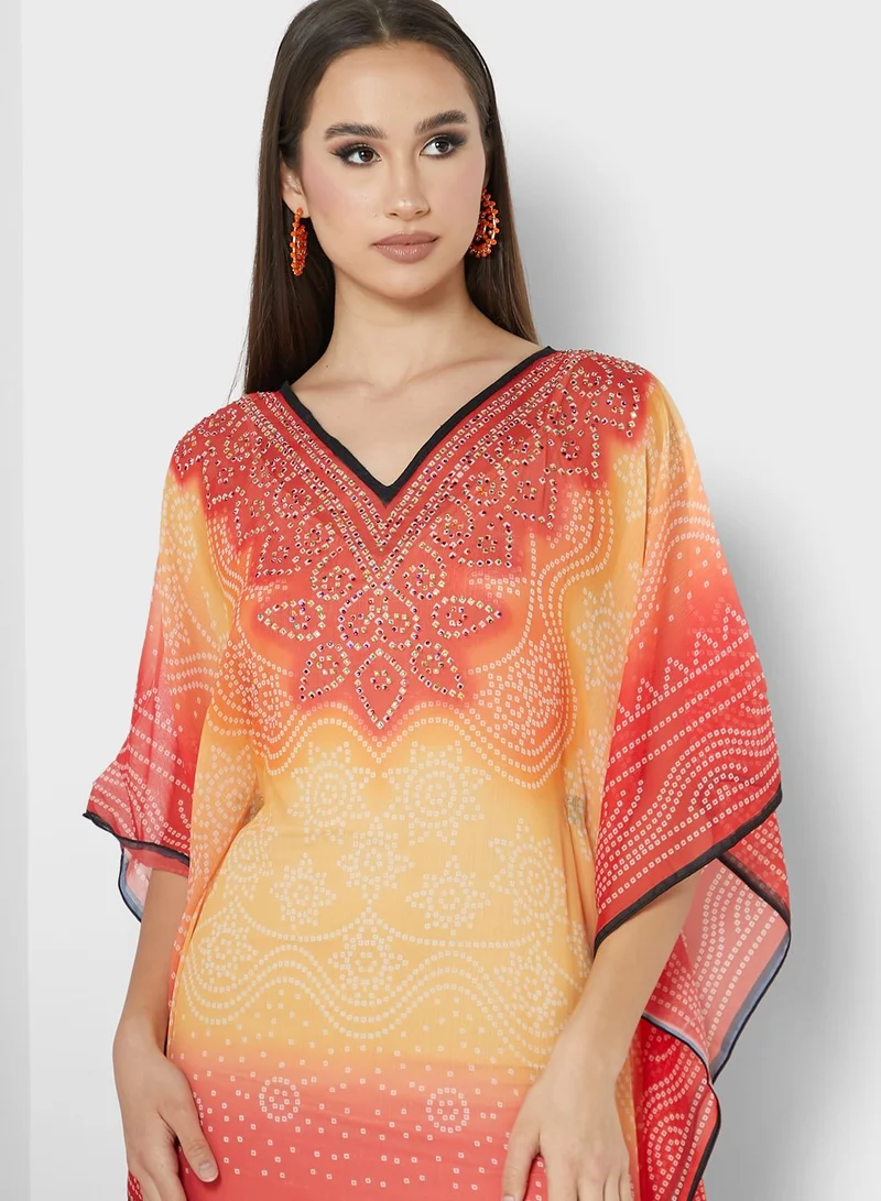 ARABIAN CLOSET Print Cape Sleeve Kaftan