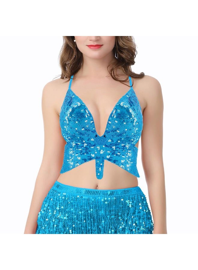 Mocure Women's Shimmer Sequin Crop Top Low-Cut Tube Top Butterfly Rave Tank Vest Top, Lake Blue Butterfly, One size - Image 2