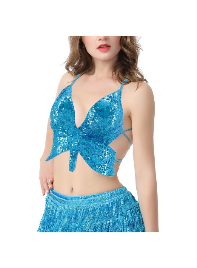 Mocure Women's Shimmer Sequin Crop Top Low-Cut Tube Top Butterfly Rave Tank Vest Top, Lake Blue Butterfly, One size - Image 3