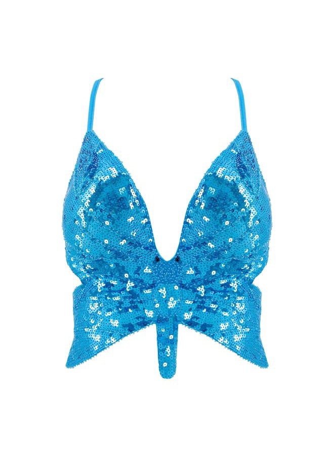 Mocure Women's Shimmer Sequin Crop Top Low-Cut Tube Top Butterfly Rave Tank Vest Top, Lake Blue Butterfly, One size - Image 1