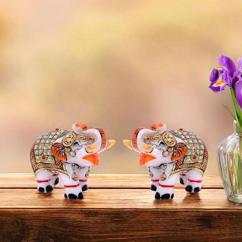 KRAFTSKALA KRAFTSKALA Pack of 2 Marble Elephant Figurines 25 Inch Trunk Up Vastu Inspired Good Luck Showpiece Handcrafted Home Office Decor Festival Gift 25 inch 