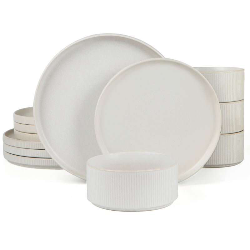 Famiware Star Dinnerware Sets, Plates and Bowls Set for 4, 12 Pieces Ribbed Dishes - Chip and Scratch Resistant, Microwave and Dishwasher Safe Tableware, Matte White - Image 1