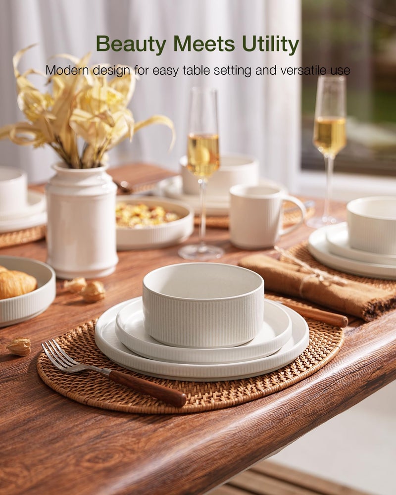 Famiware Star Dinnerware Sets, Plates and Bowls Set for 4, 12 Pieces Ribbed Dishes - Chip and Scratch Resistant, Microwave and Dishwasher Safe Tableware, Matte White - Image 2