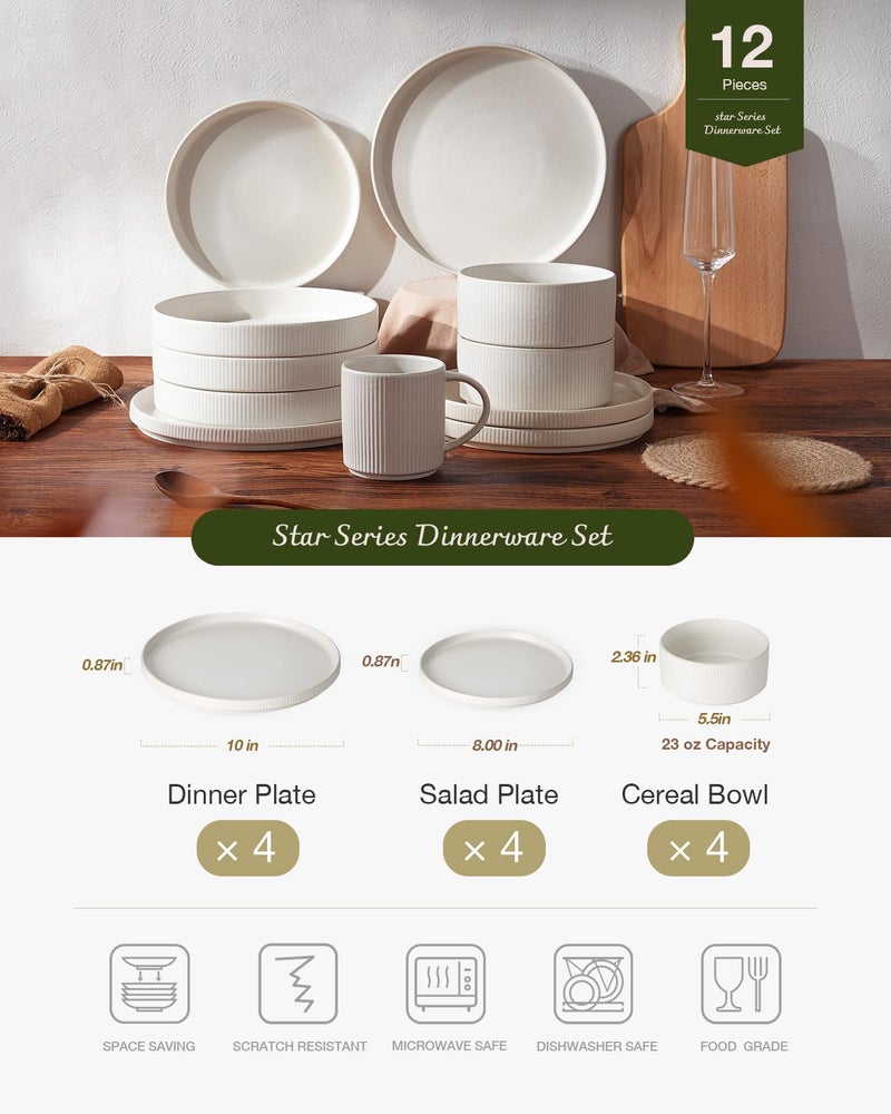 Famiware Star Dinnerware Sets, Plates and Bowls Set for 4, 12 Pieces Ribbed Dishes - Chip and Scratch Resistant, Microwave and Dishwasher Safe Tableware, Matte White - Image 3
