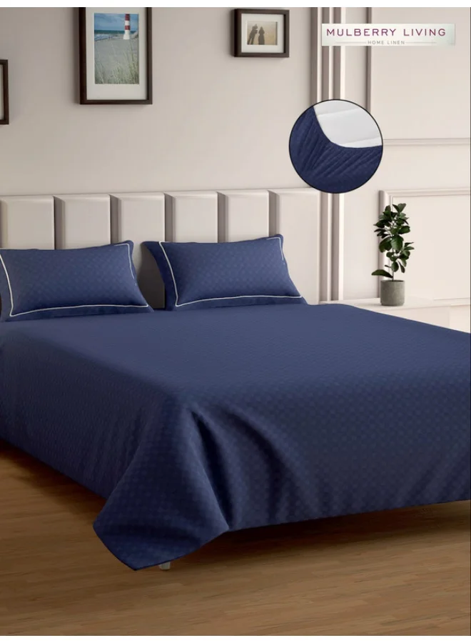 MULBERRY LIVING 100% Cotton - 300Tc Urban Grid Queen Size (160X200 Cms) Fitted Bedsheet With 2 Pillow Covers (50X75 Cm) - Mediterranean Blue