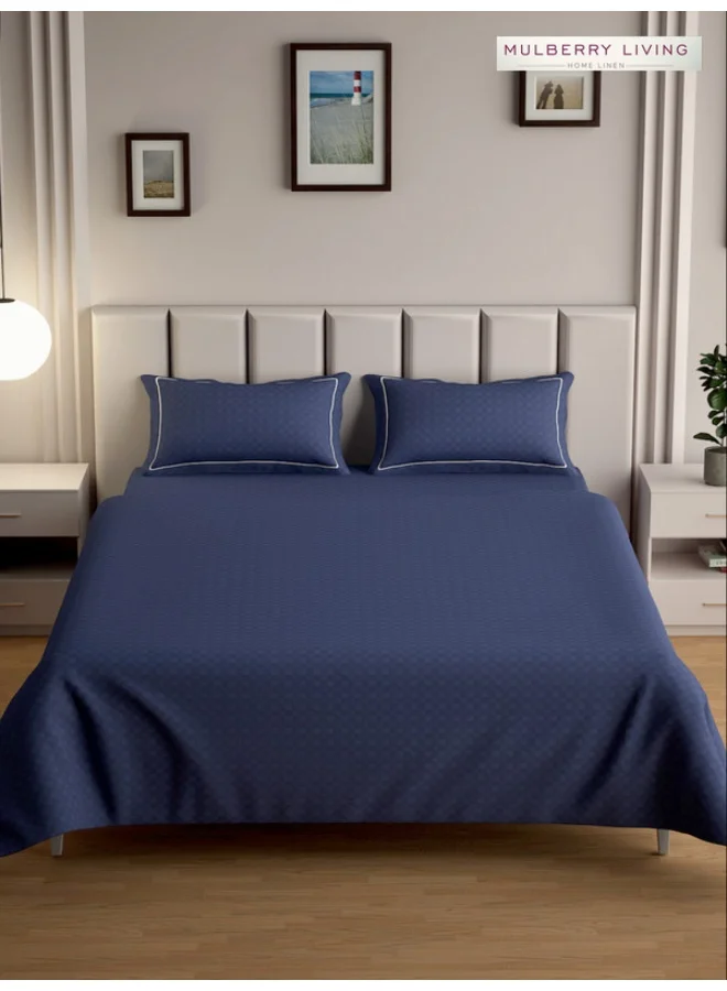 MULBERRY LIVING 100% Cotton - 300Tc Urban Grid Queen Size (160X200 Cms) Fitted Bedsheet With 2 Pillow Covers (50X75 Cm) - Mediterranean Blue