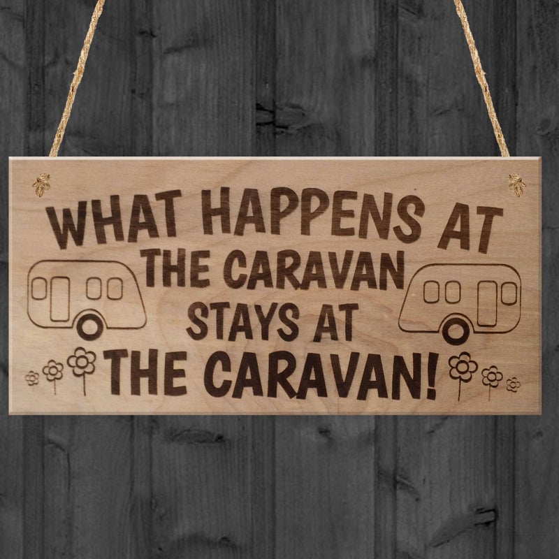 Red Ocean What Happens In The Caravan Funny Plaque Wooden Hanging Sign for Camping