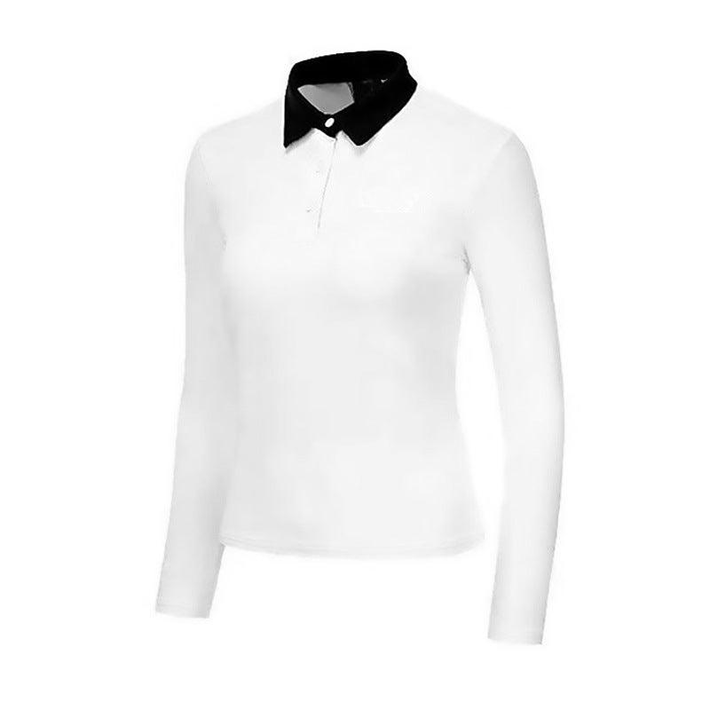 Spring and Autumn GOLF Womens Long-sleeved Sports Quick-drying Slim-fit Color-contrast Lar Polo Shirt Top GOLF Ball Clothes Blue - Image 3
