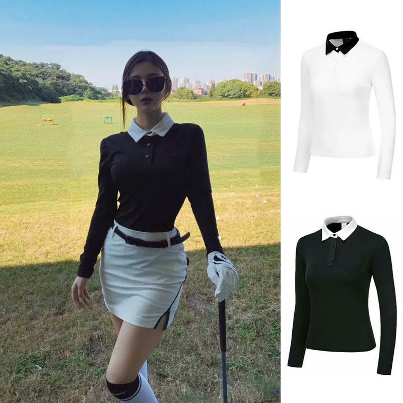 Spring and Autumn GOLF Womens Long-sleeved Sports Quick-drying Slim-fit Color-contrast Lar Polo Shirt Top GOLF Ball Clothes Blue - Image 4