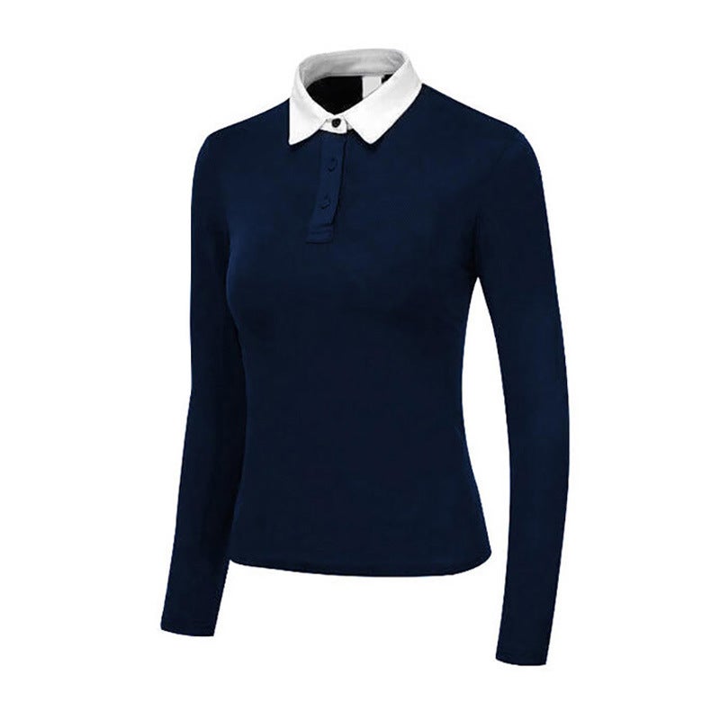 Spring and Autumn GOLF Womens Long-sleeved Sports Quick-drying Slim-fit Color-contrast Lar Polo Shirt Top GOLF Ball Clothes Blue - Image 1