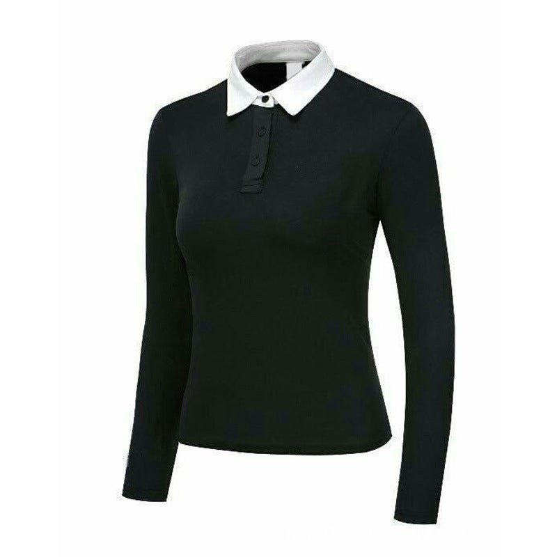 Spring and Autumn GOLF Womens Long-sleeved Sports Quick-drying Slim-fit Color-contrast Lar Polo Shirt Top GOLF Ball Clothes Blue - Image 2