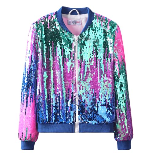 WELAKEN Ombre Sequin Bomber Jacket for Girls II Kid & Toddler Lightweight Sparkle Long Sleeve Zipper Gradient Jackets with Pockets - Image 1